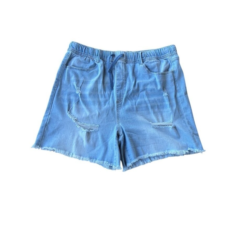 Black Label by Cest Toi Denim Distressed Frayed Hem Drawstring Shorts Womens 2XL